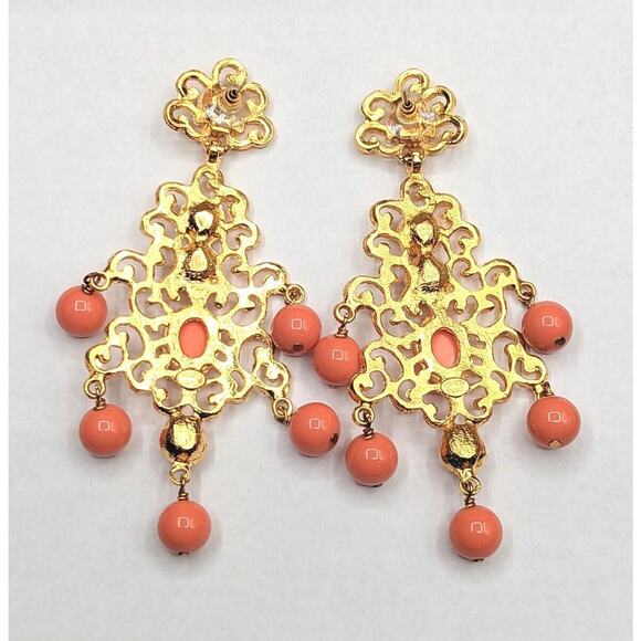 Kenneth Jay Lane KJL Couture Chandelier Statement Runway Orange Gold Earrings - Picture 5 of 9